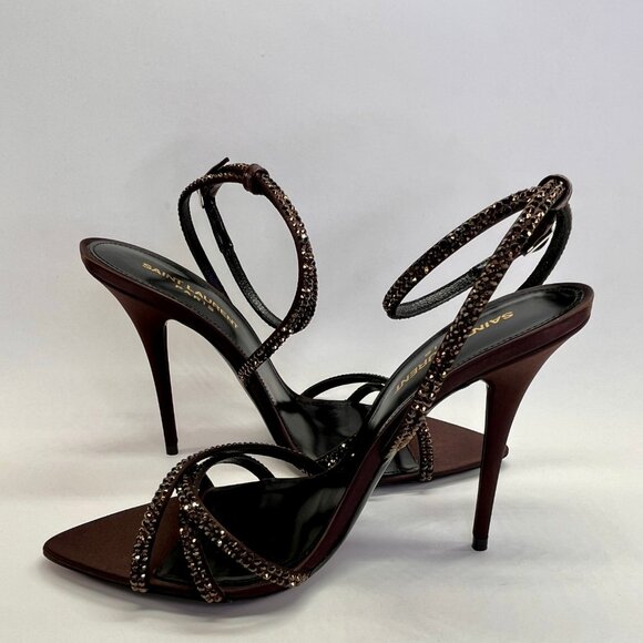 Saint Laurent Ava 105 Heels Size 38 Brown Crystal Embellished Stiletto Sandals - Picture 8 of 16
